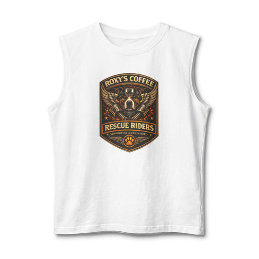 Roxy’s Coffee Rescue Riders Muscle Tank — Vintage Dog & Coffee Shop Logo