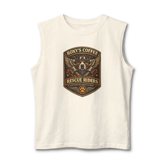 Roxy’s Coffee Rescue Riders Muscle Tank — Vintage Dog & Coffee Shop Logo